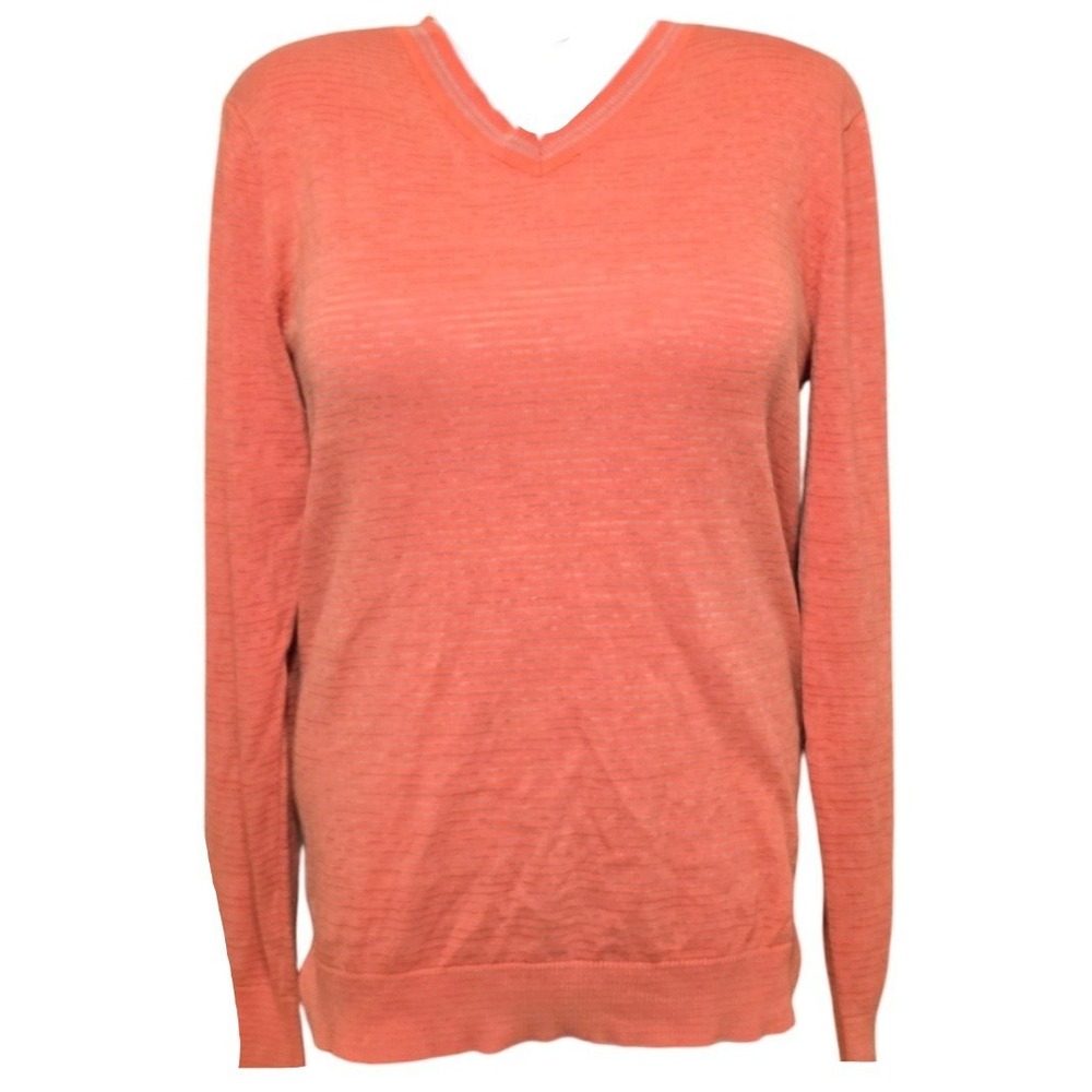 $75 RELWEN orange gray lightweight V Neck long sleeve micro stripe sweater S GUC